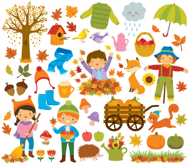 Autumn clipart set with kids and animals Autumn clipart set with kids, autumn leaves, forest animals and other symbols of fall. insectivore stock illustrations