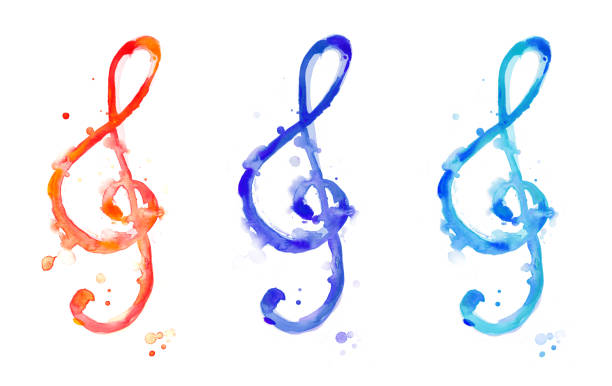 тройной тельф акварелью - musical staff music piano blue stock illustrations