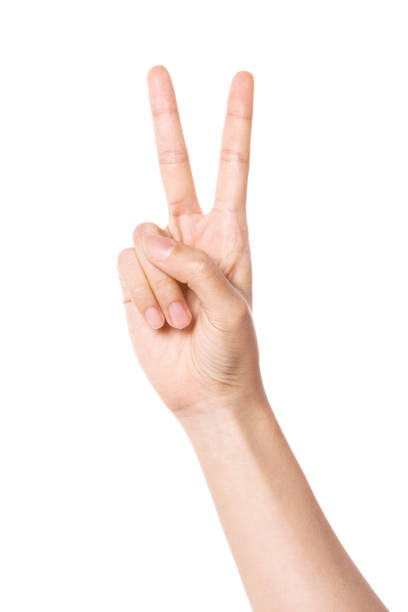 istock Woman hand gesture victory, two isolated on white. 1264969805