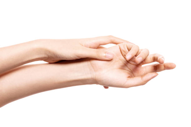 istock Woman two hands gesture putting on lotion, cream horizontal isolated on white. 1264970010