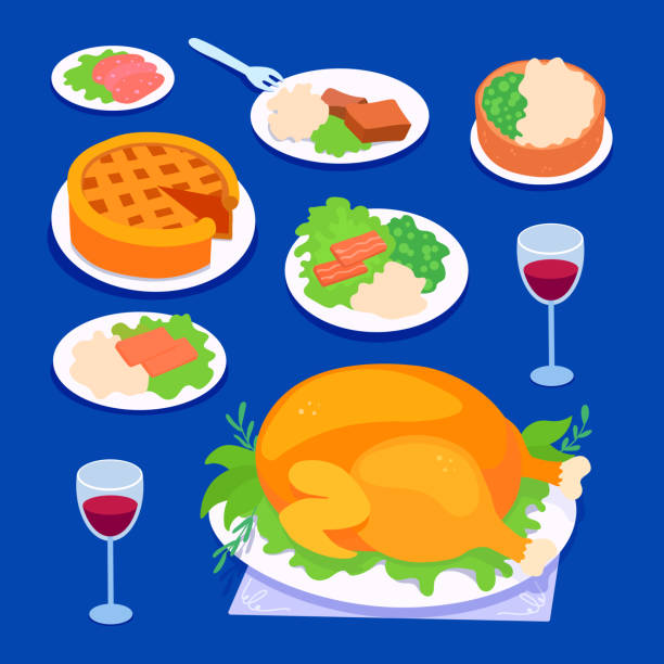 ilustrações de stock, clip art, desenhos animados e ícones de traditional thanksgiving holidays dinner food. celebration meals on a thanksgiving day. festive banquet dishes. - dining table table cartoon dining