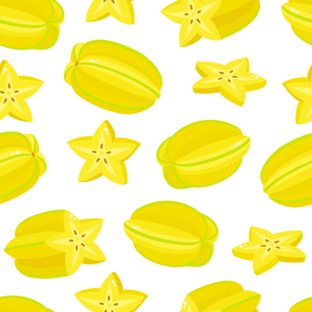 Vector seamless pattern of carambola isolated on white. Vector seamless pattern of carambola isolated on white. Whole and half of fresh background with tropical exotic fruit used for poster, website, brochure, tag starfruit stock illustrations