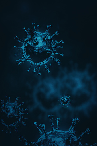 Coronavirus cells, bacteria or germs microorganism under microscope in the blue color illustration background.