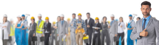 istock Businessman with different industries people 1264977344