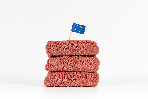 Isolated pile of raw minced meat with european flag on a toothpick sticking in it