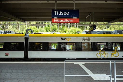 Titisee-Neustadt, Baden-Württemberg, Germany - July 28 2020 : train from bwegt (DB Regio) in the Titisee railway station on the Höllentalbahn, emtpy platform