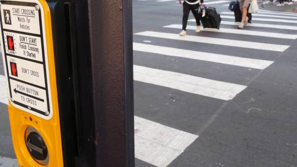 istock Traffic light button on pedestrian crosswalk, people have to push and wait. Traffic rules and regulations for public safety in USA. Zebra street crossing on road intesection in San Diego, California 1264980245