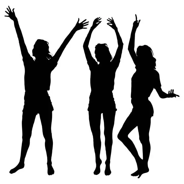 Vector illustration of Three versions of a young long-legged girl isolated on white, different poses, a tall, slender, graceful woman standing with her hands up, vector illustration, 3 sports dance exercises