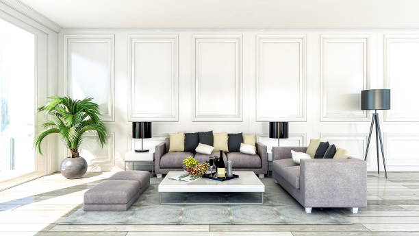 istock Modern and luxury apartment living room interior with large window, 3D Rendering 1264981619