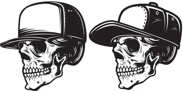 Vector illustration of Set of Illustrations of skull in baseball cap in monochrome style. Design element for emblem, sign, poster, card, banner. Vector illustration