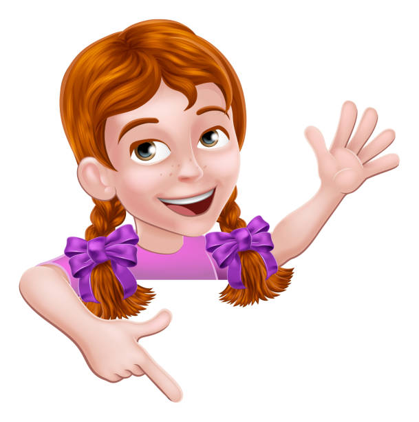 ilustrações, clipart, desenhos animados e ícones de personagem infantil de desenho animado girl kid apontando para o sinal - frame smiling white background human hand