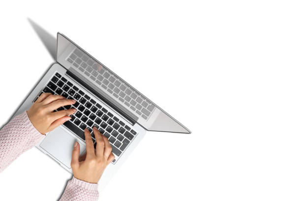 istock Girl use laptop on white background with copy space 1264987699