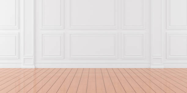 istock 3D render of empty room with wooden floor and classic wall. 1264987751