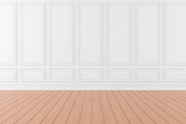 istock 3D render of empty room with wooden floor and classic wall. 1264987768