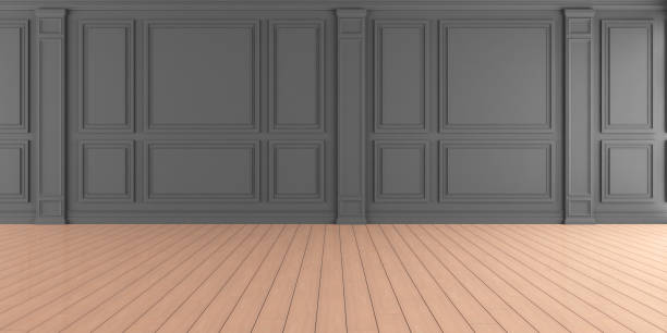 istock 3D render of empty room with wooden floor and classic wall. 1264987808