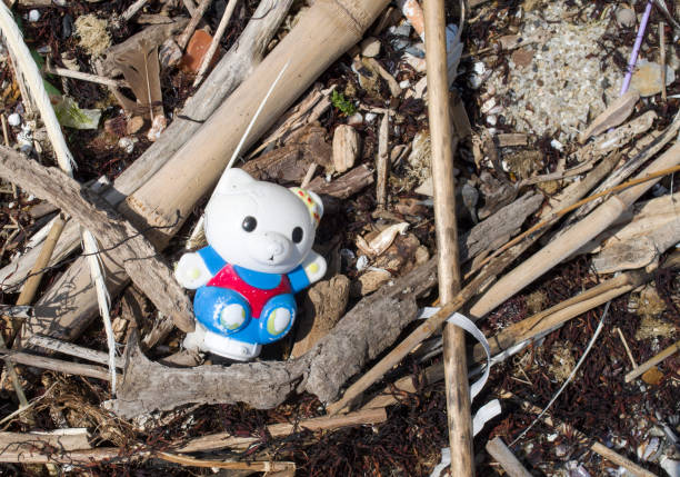 Small colorful rubber bear thrown on the beach, Europe