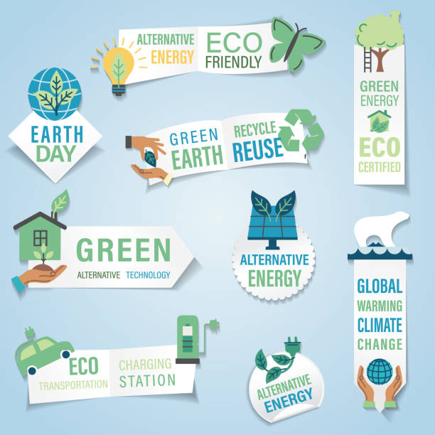 Environment Banner Sticker Folded Eco signs with drop shadows electric plug illustrations stock illustrations