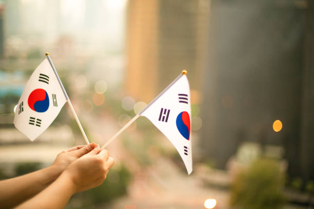 cropped hand of person holding South Korea Flag in national Foundation day