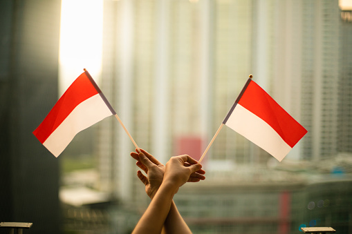 cropped hand of person holding Indonesia Flag in the city scape