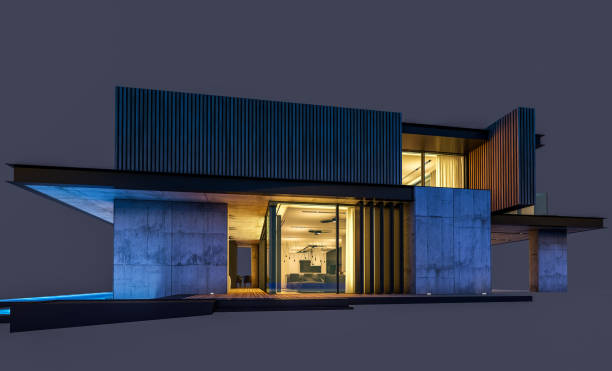 istock 3d rendering of modern house with wood plank facade isolated on black 1265003043