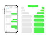 Chat through bubble in phone. Chatbot in messenger. Message in whats. Sms and conversation in app on mobile screen. Interface with speech balloons, social talk. Smartphone with ui for dialog. Vector