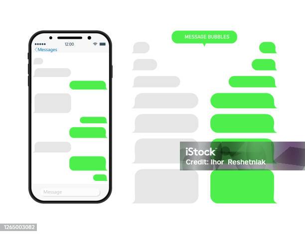 Chat Through Bubble In Phone Chatbot In Messenger Message In Whats Sms And Conversation In App On Mobile Screen Interface With Speech Balloons Social Talk Smartphone With Ui For Dialog Vector Stock Illustration - Download Image Now