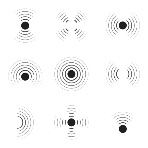 ilustrações de stock, clip art, desenhos animados e ícones de wave sonar. radar with signal. icon of pulse. concentric sound circle. high sonic frequency with vibration in air. noise and energy from speaker. symbol of radio, military protection and scan. vector - ripple