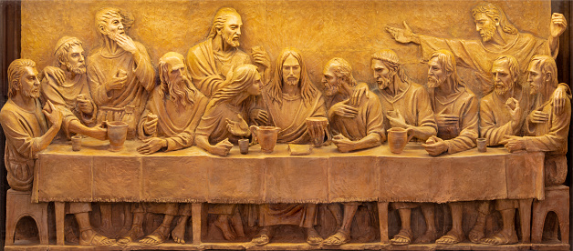 Taormina - The terracotta relief of Last Supper in Duomo (San Pancrazio) by Turi Azzolina (2014).