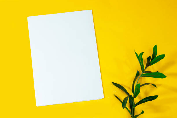 istock Mockup invitation, blank greeting card and leaf isolated on yellow 1265003304