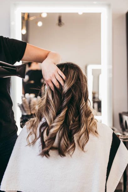 Woman at hair salon Beautiful brunette woman with long hair at the beauty salon getting a hair blowing. Hair salon styling concept. blow drying stock pictures, royalty-free photos & images