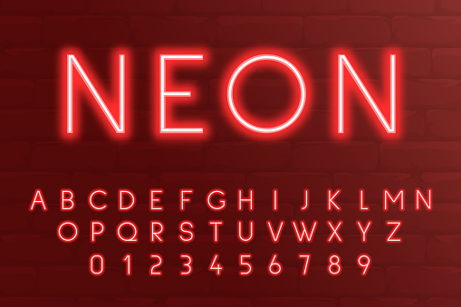 Neon light 3d alphabet, 3d letters and numbers red colours. Extra glowing font.  Vector illustration