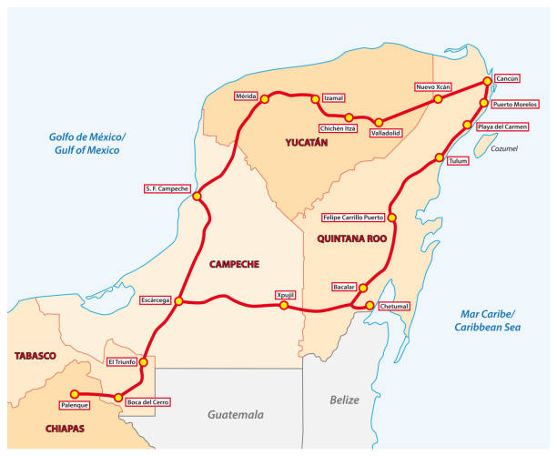 ilustrações de stock, clip art, desenhos animados e ícones de planned route of the mayan train in mexico - peninsula