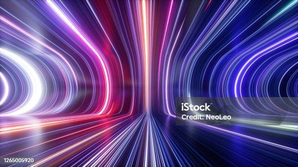 3d Rendering Abstract Cosmic Background Ultra Violet Neon Rays Glowing Lines Cyber Network Speed Of Light Spacetime Continuum Stock Photo - Download Image Now