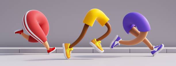rendu 3d. personnage de dessin animé courant des jambes. athlètes de jogging portant des vêtements et des chaussures sportifs colorés. illustration sportive des concurrents de marathon - racing distance photos et images de collection