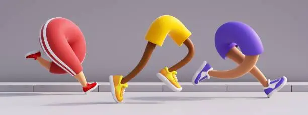 3d render. Cartoon character running legs. Jogging athletes wearing colorful sportive clothes and shoes. Sport illustration of marathon contestants