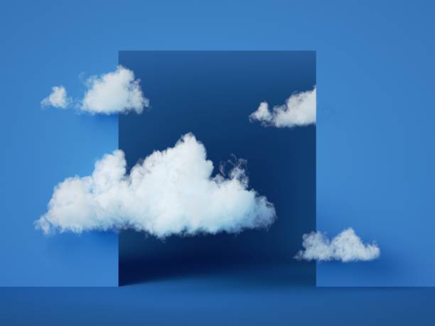 renderowanie 3d, niebieskie geometryczne tło z białymi chmurami. kwadratowe okno portalu w niebieskiej ścianie - cumulus cloud cloud cloudscape fluffy zdjęcia i obrazy z banku zdjęć