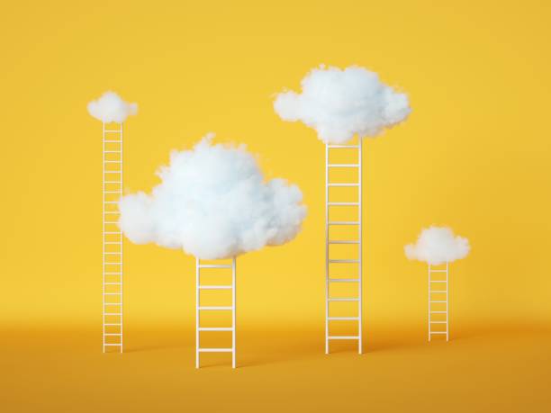 istock 3d render, abstract concept, ladders under the white clouds isolated on yellow background 1265007055