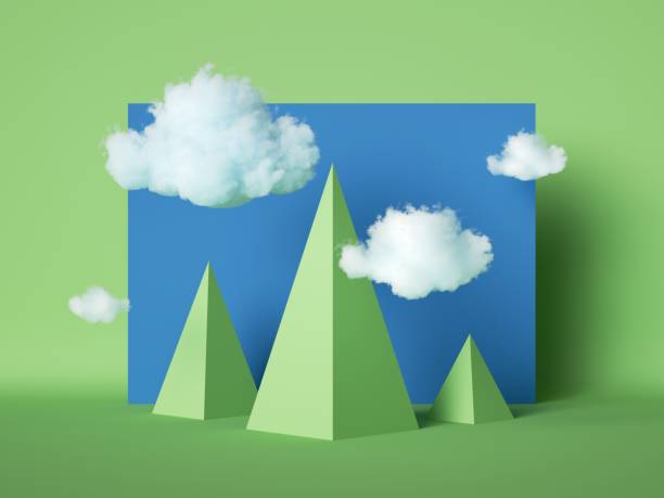 istock 3d render abstract geometric landscape, simple cartoon green pyramidal mountains and white clouds in blue sky, paper craft scene 1265007110