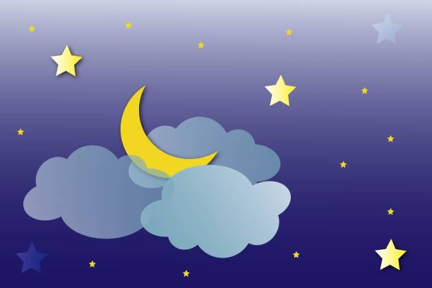 istock Half moon, stars and clouds on the dark night sky background. Paper art. Vector Illustration. 1265007216