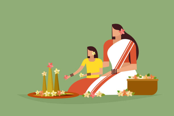 Traditionally dressed mother and daughter do floral designs on floor. Concept of Onam festival in Kerala. Traditionally dressed mother and daughter do floral designs on floor. Concept of Onam festival in Kerala. pookalam stock illustrations
