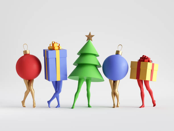 istock 3d render. Abstract colorful Christmas clip art isolated on white background. Fir tree, gift box, ball. Funny cartoon characters toys, seasonal ornaments. Group of surreal objects with mannequin legs 1265007570