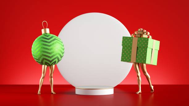 weihnachten schaufenster mockup, looping-animation einer lustigen 3d-geschenk-box und kugel ornament mit goldenen beinen, tanzen in der nähe des leeren sockels und runde leere weißes brett, isoliert auf rotem hintergrund. - looping animation stock-fotos und bilder