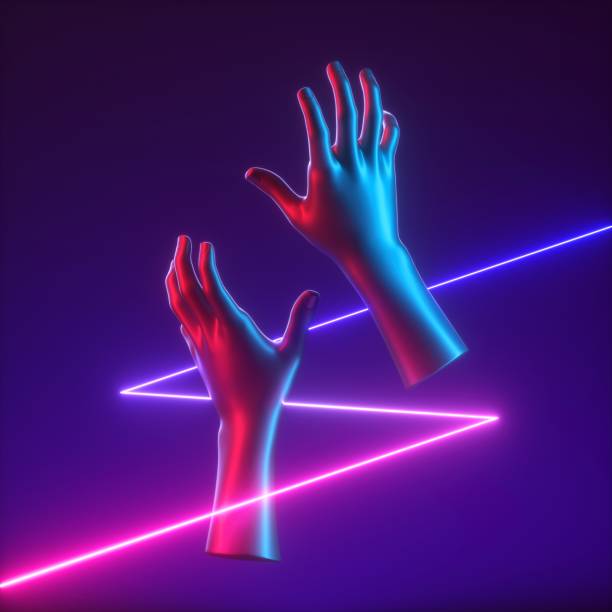 istock 3d render, abstract mannequin hands with colorful glowing neon line. Modern minimal concept 1265008378
