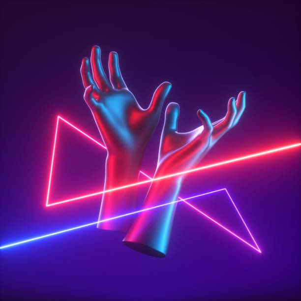 istock 3d render, abstract red blue neon light with mannequin hands, geometric tangled line 1265008402