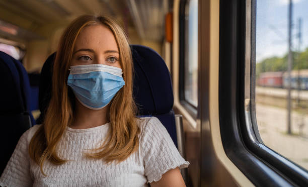 istock Train passenger with protective mask travels sitting looking through the window. 1265008410