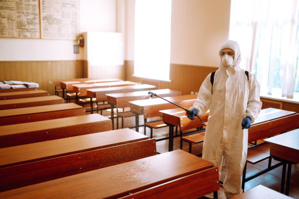 istock Disinfectant sprayers with spray chemicals in school class. COVID-19. 1265008948