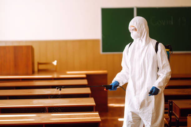 istock Disinfectant sprayers with spray chemicals in school class. COVID-19. 1265009487