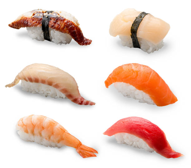 흰 배경에 놓인 니기리 스시 - tuna sashimi sea fish 뉴스 사진 이미지
