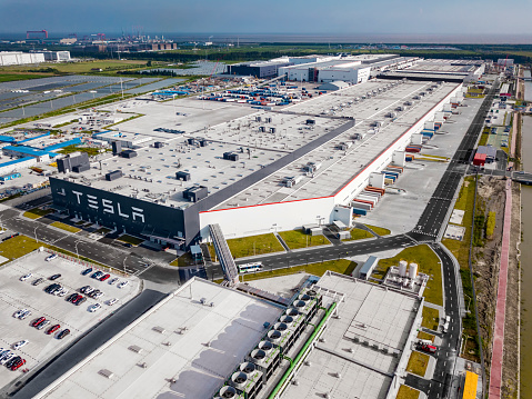 Shanghai, China - August 1, 2020: Exterior view of automobile plant Tesla Gigafactory 3 located in Pudong District, Shanghai, China.