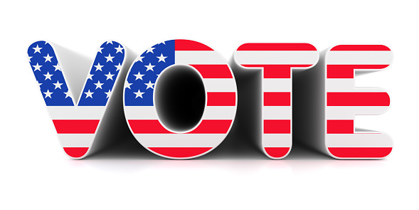 USA Vote. Text VOTE with american flag isolated on the white background. Voting rights and elections 3d illustration.